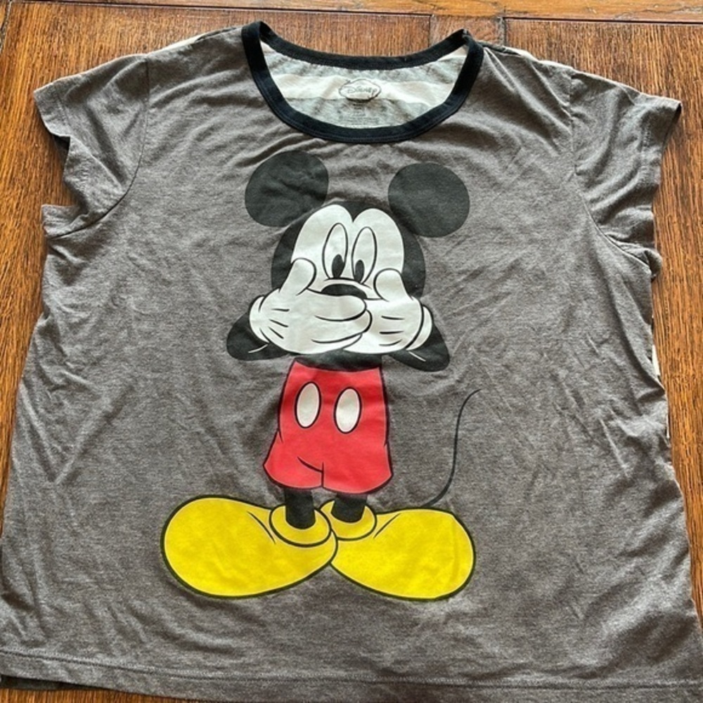 Disney Mickey Mouse Grey Black White Striped Tee Shirt Juniors XL Adult Small